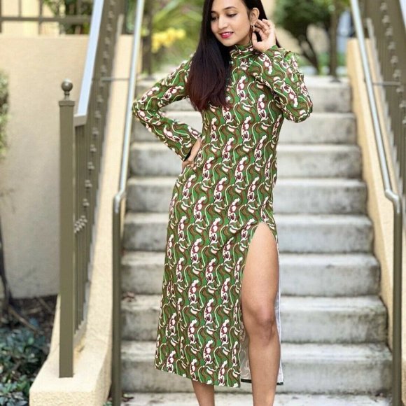 ZARA NWT Front Slit Printed Midi Dress Green - Picture 7 of 14